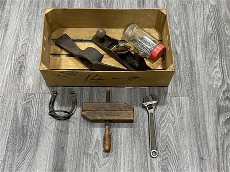 WOODEN CRATE W/VINTAGE TOOLS