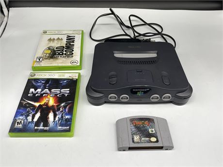 N64 CONSOLE W/ POWER CORD & 3 GAMES (N64 POWERS UP)