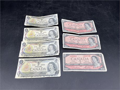 (4) 1973 CANADIAN DOLLAR BILLS / (3) 1954 CANADIAN 2 DOLLAR BILLS