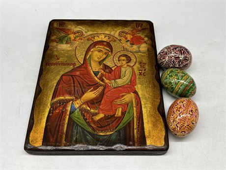 RUSSIAN ICON & 3 HAND PAINTED EGGS