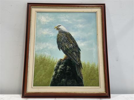 SIGNED P. JENKINS OIL ON CANVAS EAGLE PAINTING - 26” X 30”