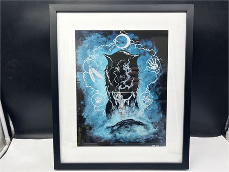 FRAMED INDIGENOUS STYLE WOLF PRINT - 16” X 19”