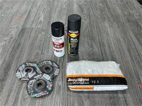 (NEW) RUST-OLEUM SPRAY PAINT, NEW COVERALLS & CUTTING DISCS