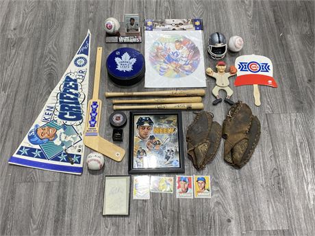 LOT OF SPORTS COLLECTABLES - RAIDERS FOOTBALL CLOCK, VINTAGE BASEBALL GLOVES ETC