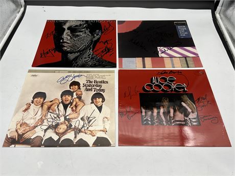 4 PRINTS OF SIGNED LP ALBUM COVERS - BEATLES, STONES, PINK FLOYD, ALICE COOPER