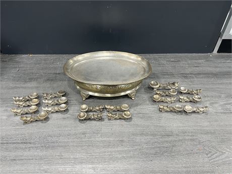 VINTAGE METAL FOOTED BOWL W/ DRAGON PIECES (BOWL 14” WIDE)