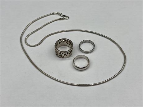(3) 925 STERLING RINGS & 925 NECKLACE (20”)