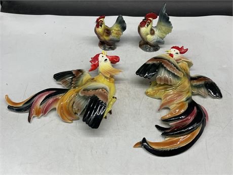 2 VINTAGE 7” ROOSTER CHINA PLAQUES & 2 CHICKEN FIGURES