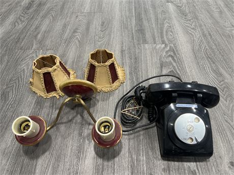 VINTAGE BLACK ROTARY PHONE + WALL SCONCE W/ SHADES
