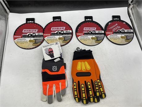 (4 NEW) DIABLO SAW BLADE ((2) 7 1/4” & (2) 6”)) + (2 NEW) PAIRS OF WORK GLOVES