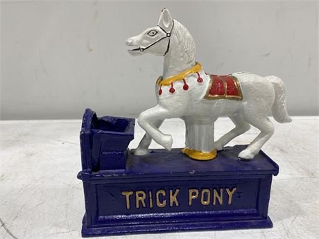 VINTAGE TRICK PONY CAST IRON COIN BANK