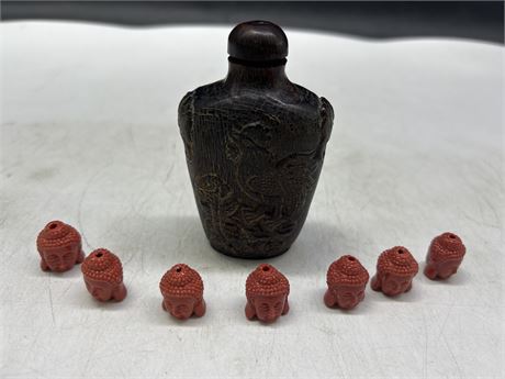 ANTIQUE HAND CARVED CHINESE SNUFF BOTTLE & 7 VINTAGE BUDDHA HEAD BEADS