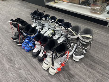 8 PAIRS OF PRE OWNED SKI BOOTS - ASSORTED SIZES FROM KIDS TO SMALLER ADULT