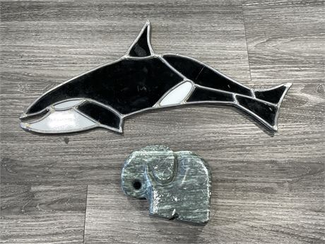 STAINED GLASS ORCA (CRACK IN BACK - 17”) & SOAP STONE SIGNED ELEPHANT (5”x4”)