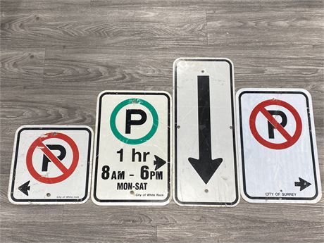 4 COLLECTIBLE METAL SIGNS (TALLEST IS 10”X24”)