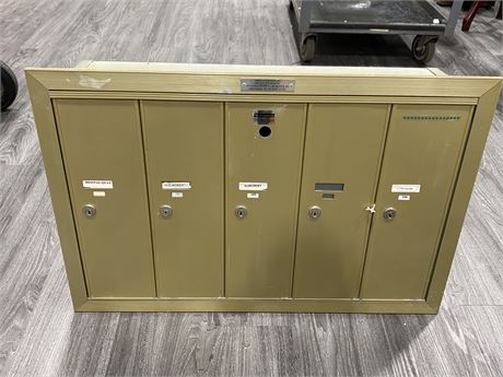 VINTAGE APARTMENT MAIL BOXES - 5 DOORS #100-104 WITH 4/5 KEYS (30” wide)