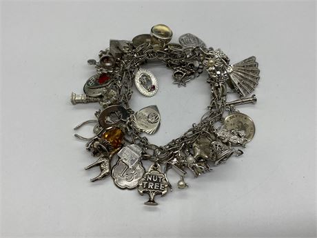VINTAGE 1970S STERLING SILVER CHARM BRACELET WITH APPROX 40 CHARMS - 115 GRAMS