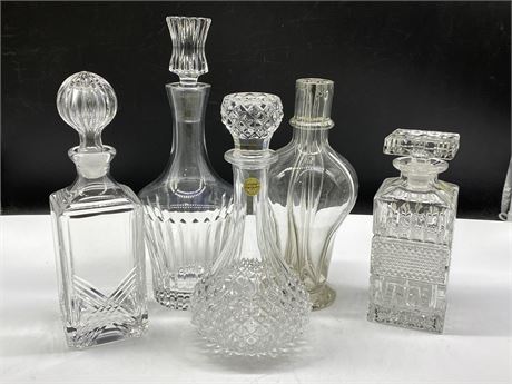 5 CRYSTAL DECANTERS (TALLEST IS 14”)