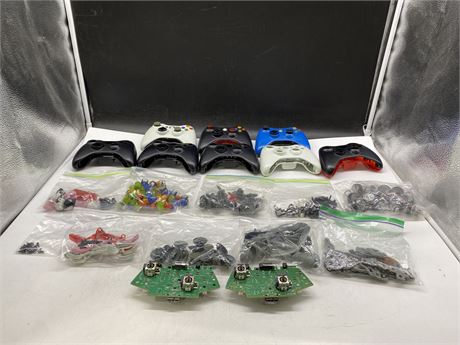 3X XBOX 360 CONTROLLERS - 5X CONTROLLER SHELLS & PARTS