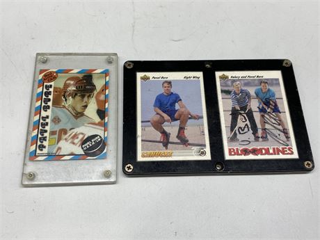3 ROOKIE PAVEL BURE CARDS INCLUDING ONE SIGNED BY HIMSELF & VALERY BURE