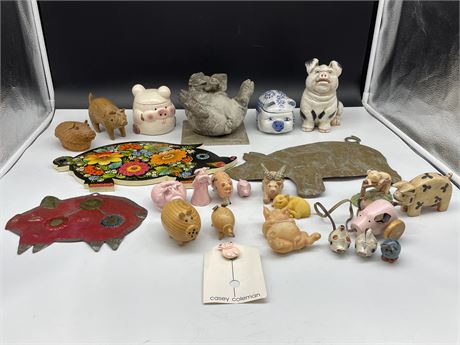 COLLECTION OF PIGS, WOOD, CEMENT, CHINA, METAL, POTTERY