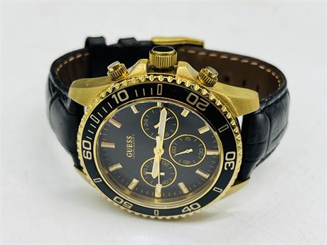 GUESS GOLD AND BLACK TONE LEATHER WATCH