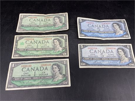 (2) 1954 CANADIAN $5 BILLS & (3) $1 BILLS