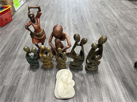 LOT OF STONE, WOOD & ECT FIGURES - LARGEST IS 17” TALL