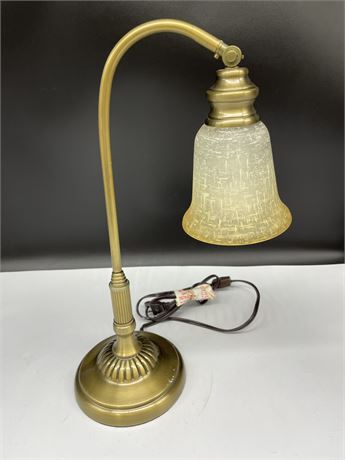 BRASS DESK LAMP W/GLASS SHADE - WORKING (18” TALL)