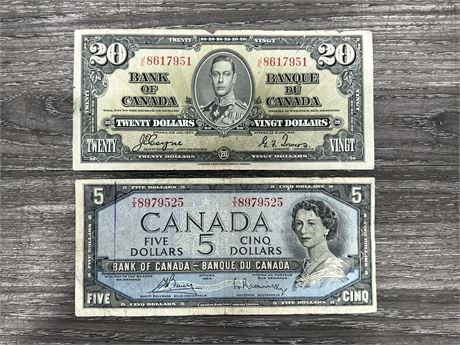 1937 CANADIAN $20 BILL + 1954 CANADIAN $5 BILL