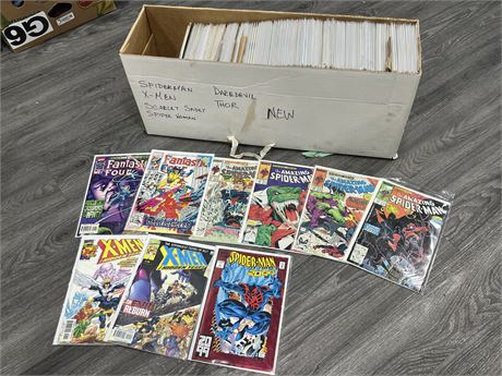 LONG BOX OF COMICS - FANTASTIC FOUR, SPIDERMAN, XMEN, ETC