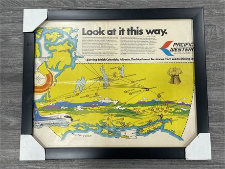 FRAMED OLD PACIFIC WESTERN AIRLINES ADVERTISING - 18.5” X 22”
