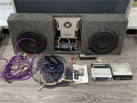 2 SUBS WITH PHOENIX AMP, 3 CAR DECKS & MISC CORDS (Untested)