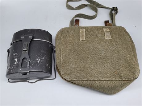 ANTIQUE SWISS MILITARY  CANVAS AND LEATHERNBAG WITH CANTEEN