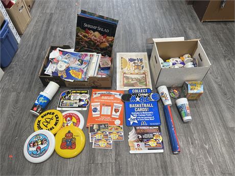 LARGE LOT OF VINTAGE MCDONALDS TOYS, ADVERTS, COLLECTABLES