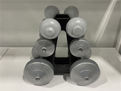 6 DUMBBELLS ON STAND (29lbs total)