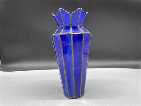 BLUE STAINED GLASS VASE 9”