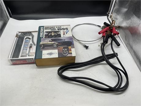 AUTO LOT - GREASE GUN, JUMPER CABLES 8FT, & CHILTON IMPORTS MANUAL