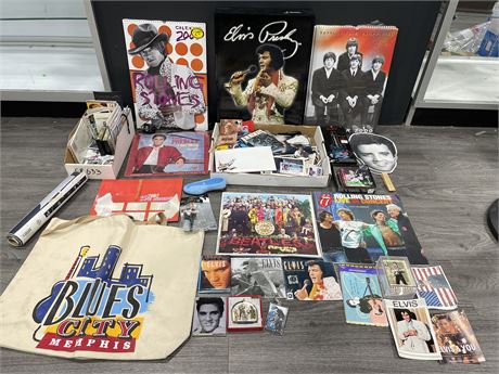 LARGE LOT OF EVIS COLLECTABLES + OTHER BANDS ROLLING STONES, BEATLES, ETC