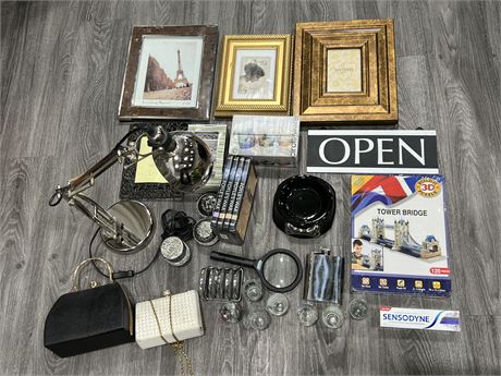 LOT OF MISC ITEMS INCLUDING IKEA LAMP, VINTAGE PURSES, GILDED FRAMES, ETC
