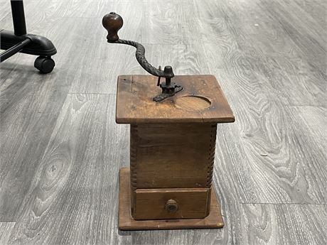 ANTIQUE DOVETAIL WOOD COFFEE GRINDER W/ CAST IRON HANDLES