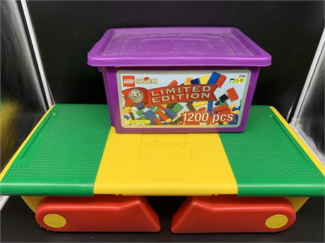 LEGO TABLE WITH STORAGE W/BOX OF MISC LEGO