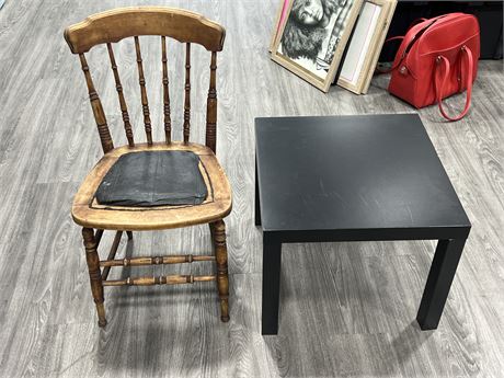 VINTAGE WOOD CHAIR & BLACK SIDE TABLE (Chair is 33” tall)