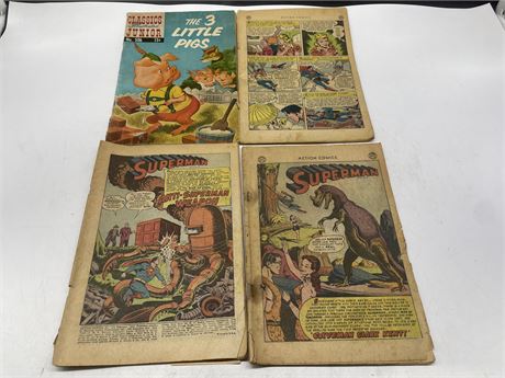 VINTAGE THE 3 LITTLE PIGS - #506 & 3 COVERLESS SUPERMAN COMICS INCL: #169, #177,