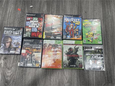 6 PS2 GAMES 2 SEALED XBOX 360 GAMES & 1 PS3 GAME