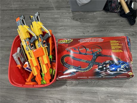 TOTE OF NERF GUNS & OPEN BOX SLOT CAR SET - ALL UNTESTED/AS IS
