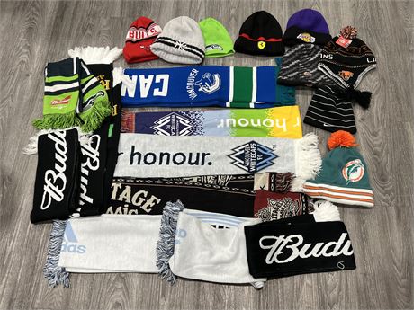 LOT OF SPORT TOQUES & SCARVES