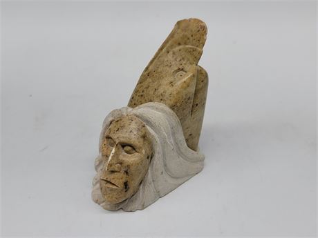 STONE CARVED AND SIGNED EAGLE AND INDUAN HEAD (5"Tall)