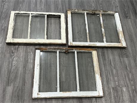 3 VINTAGE WOOD / GLASS WINDOWS - 1 IS MISSING GLASS PANEL (28”x21”)