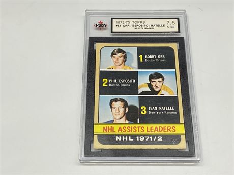 GRADE 7.5 TOPPS ASSIST LEADERS CARD - ORR, ESPOSITO, RATELLE (1972/73)